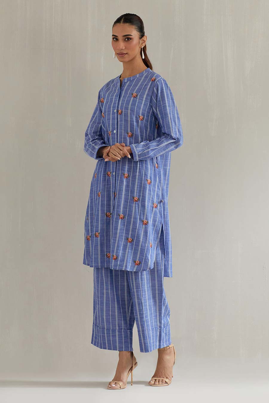 Blue Stripe Floral Embroidered Co-Ord Set