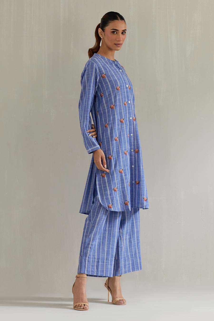 Blue Stripe Floral Embroidered Co-Ord Set
