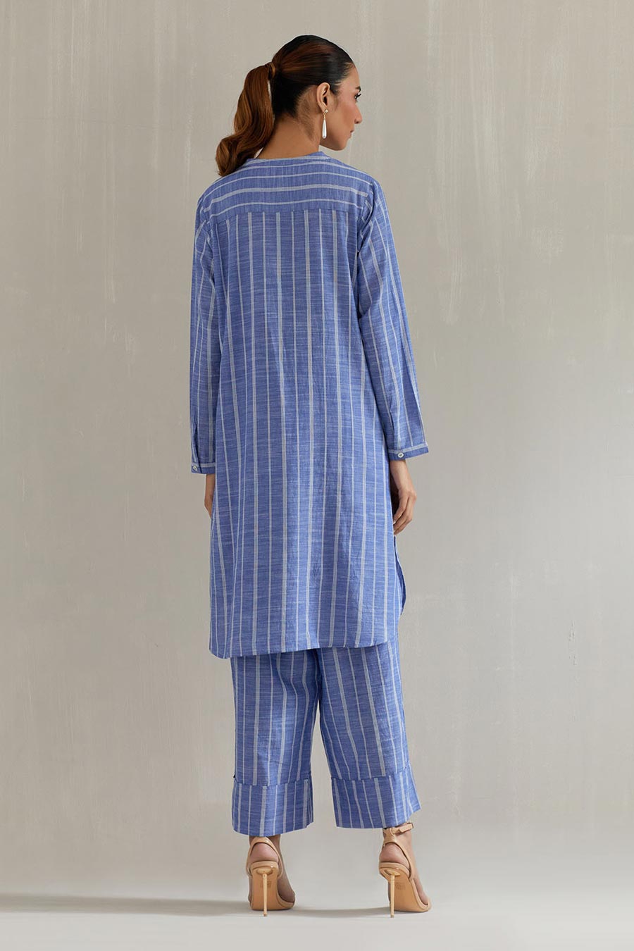 Blue Stripe Floral Embroidered Co-Ord Set