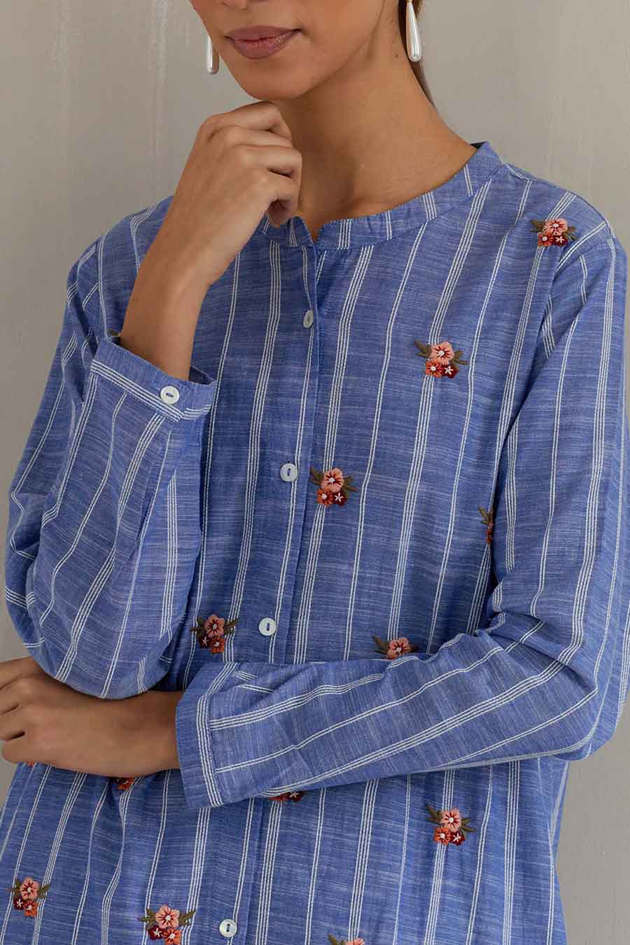 Blue Stripe Floral Embroidered Co-Ord Set