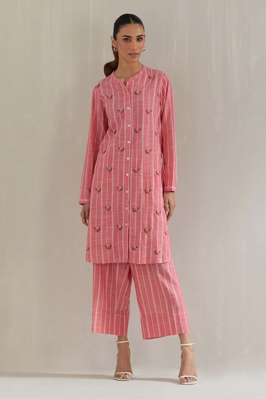Pink Striped Cotton Embroidered Co-Ord Set