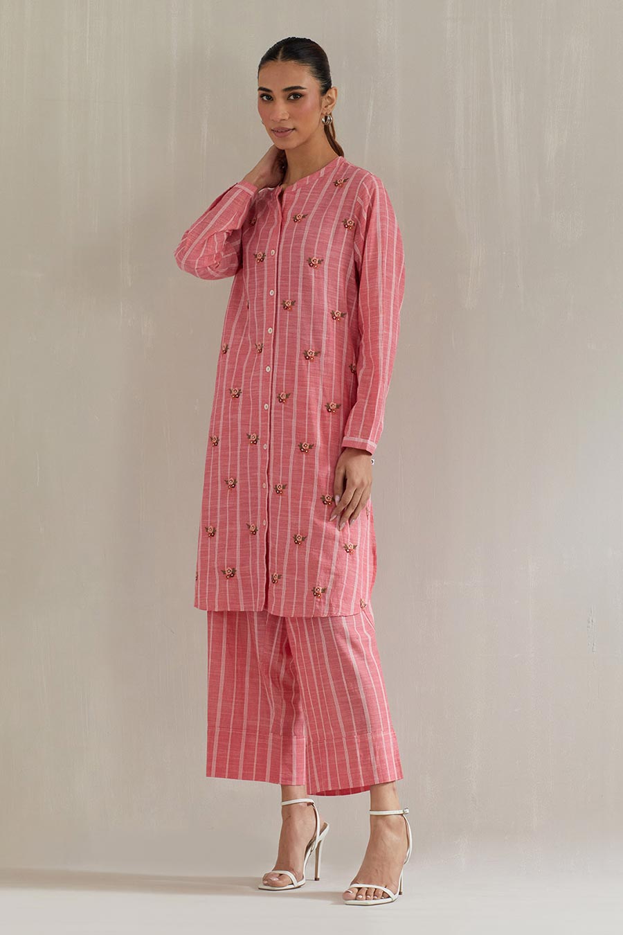 Pink Striped Cotton Embroidered Co-Ord Set