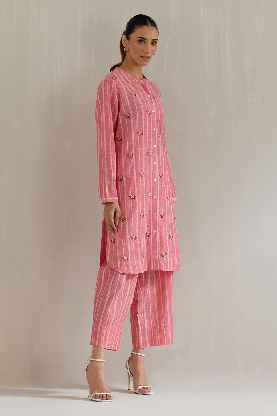 Pink Striped Cotton Embroidered Co-Ord Set