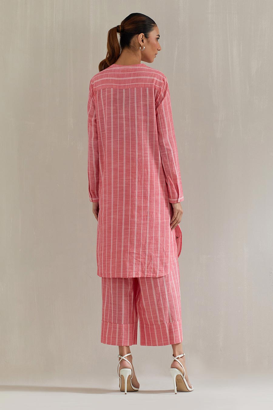 Pink Striped Cotton Embroidered Co-Ord Set