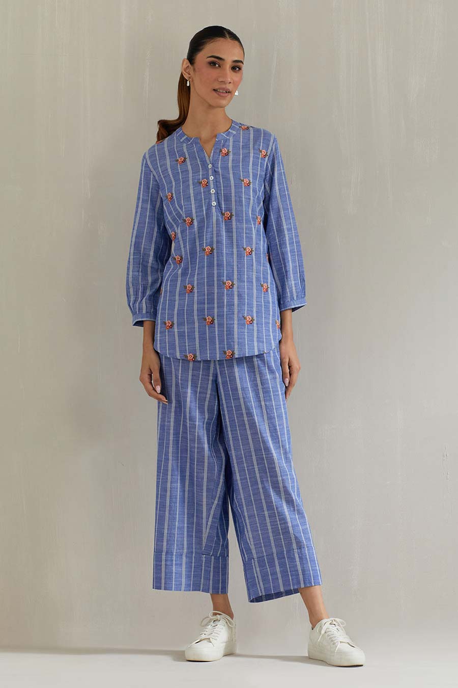 Blue Striped Cotton Embroidered Co-Ord Set