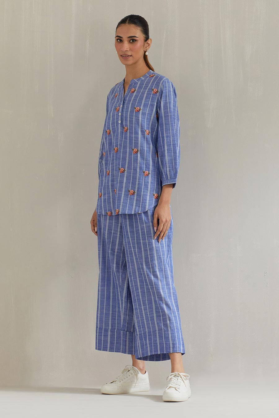 Blue Striped Cotton Embroidered Co-Ord Set