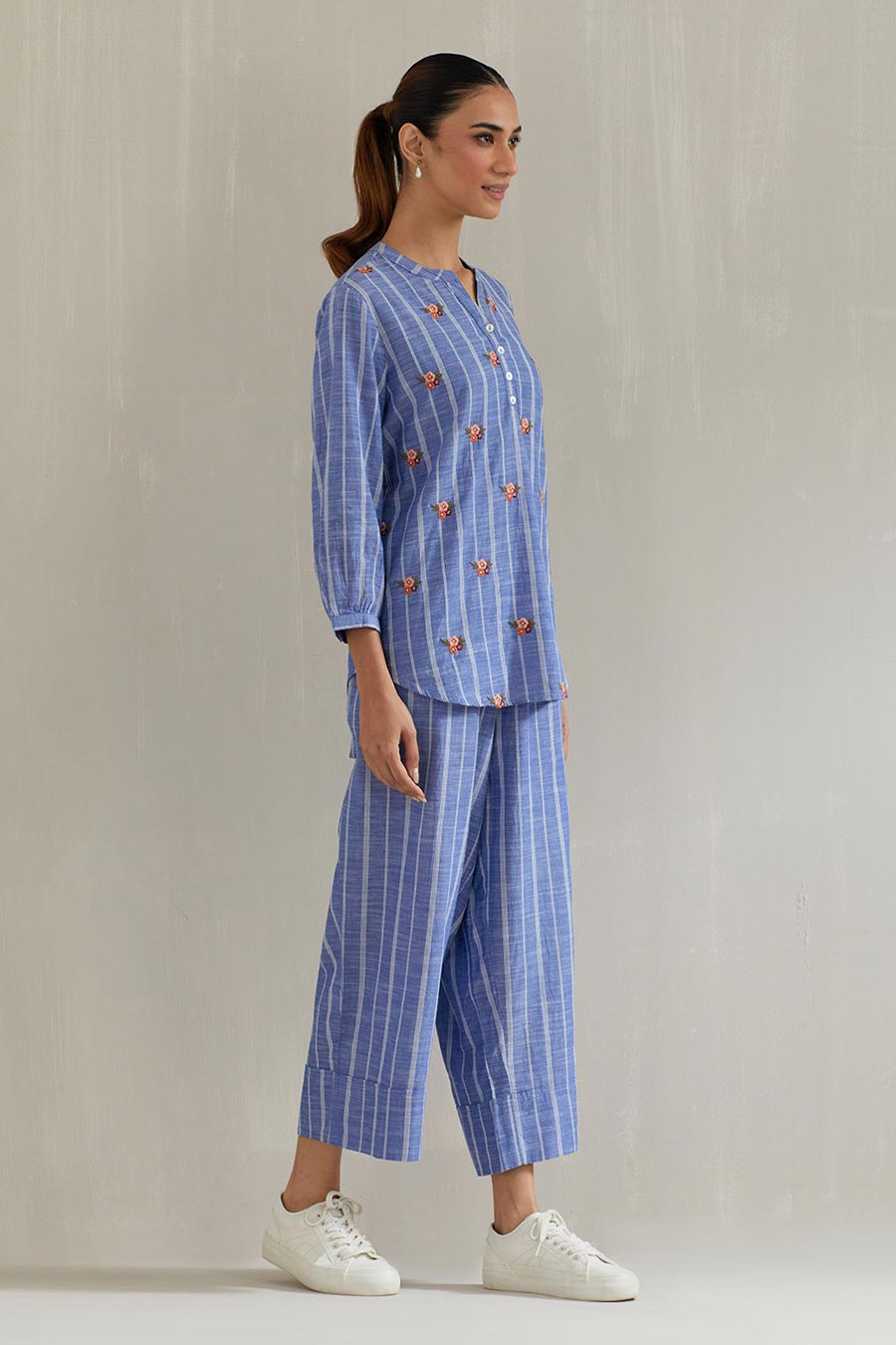 Blue Striped Cotton Embroidered Co-Ord Set