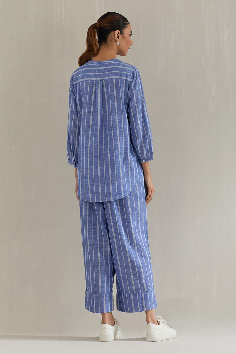 Blue Striped Cotton Embroidered Co-Ord Set