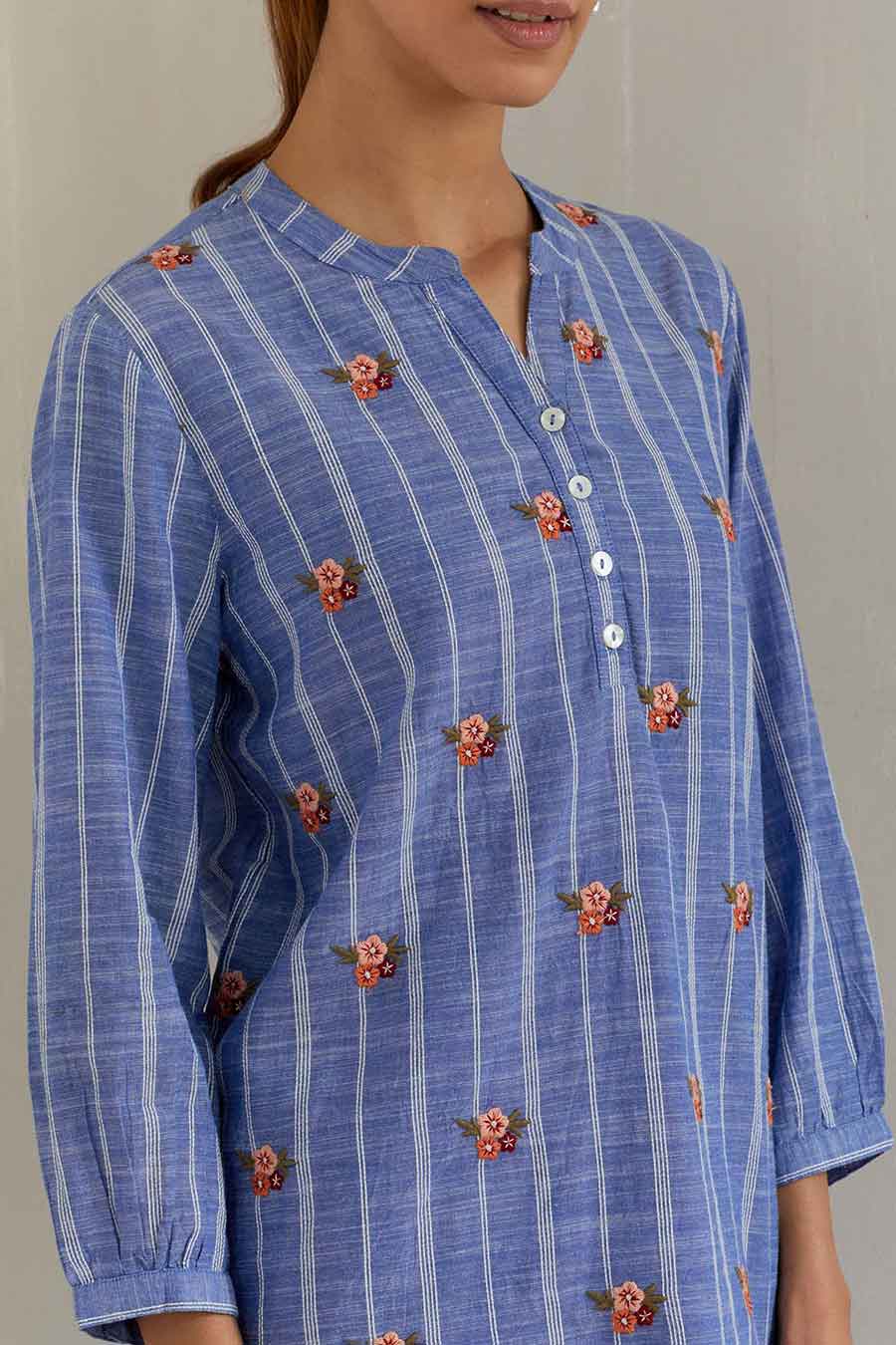 Blue Striped Cotton Embroidered Co-Ord Set