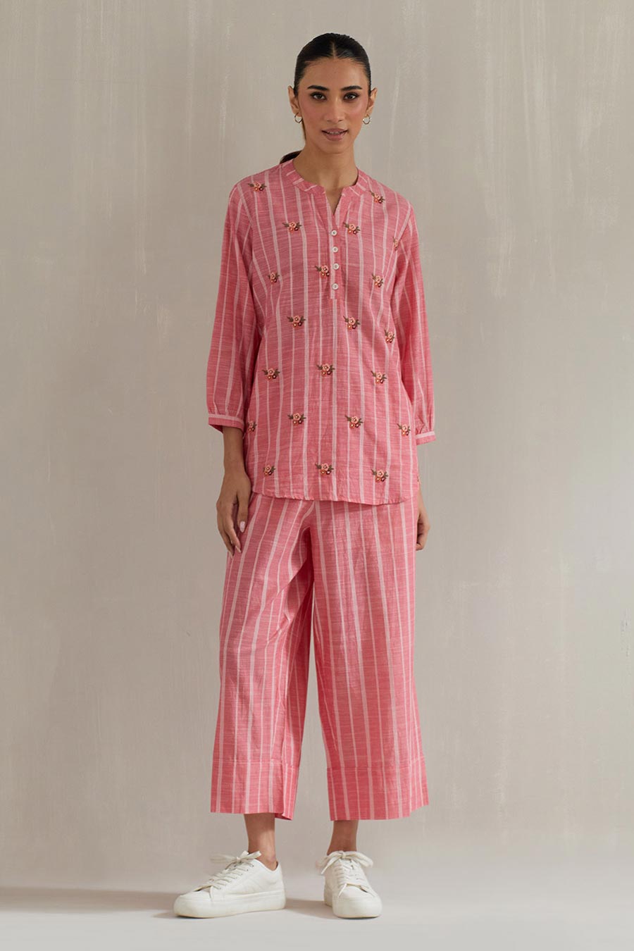 Pink Striped Cotton Embroidered Co-Ord Set