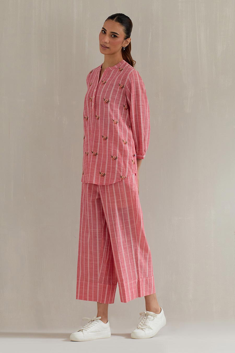 Pink Striped Cotton Embroidered Co-Ord Set