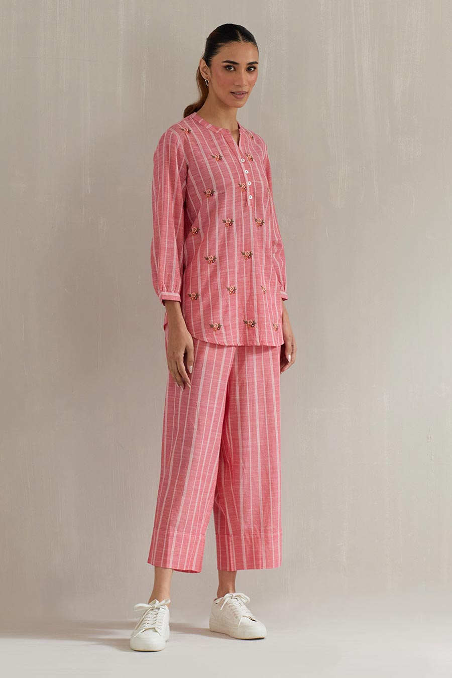 Pink Striped Cotton Embroidered Co-Ord Set