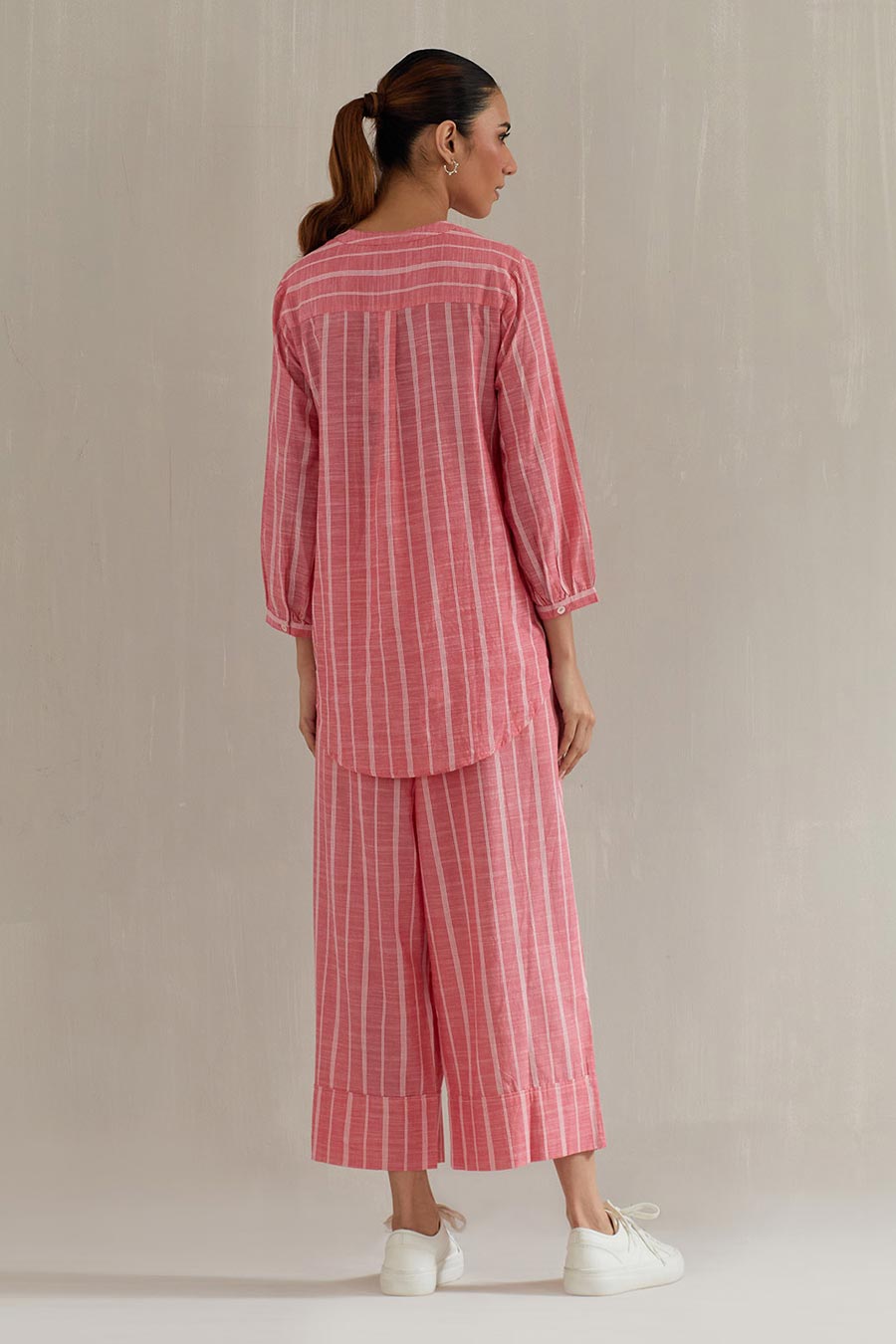 Pink Striped Cotton Embroidered Co-Ord Set