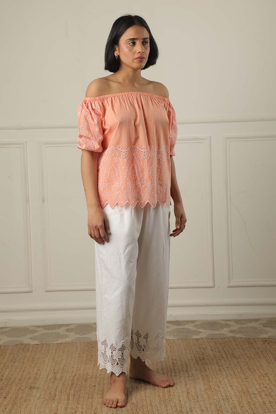 Peach Off-Shoulder Embroidered Top