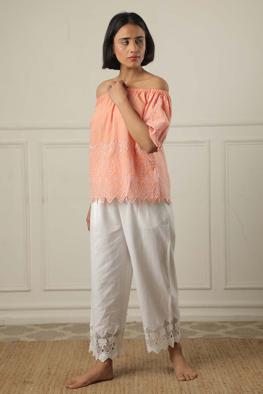 Peach Off-Shoulder Embroidered Top