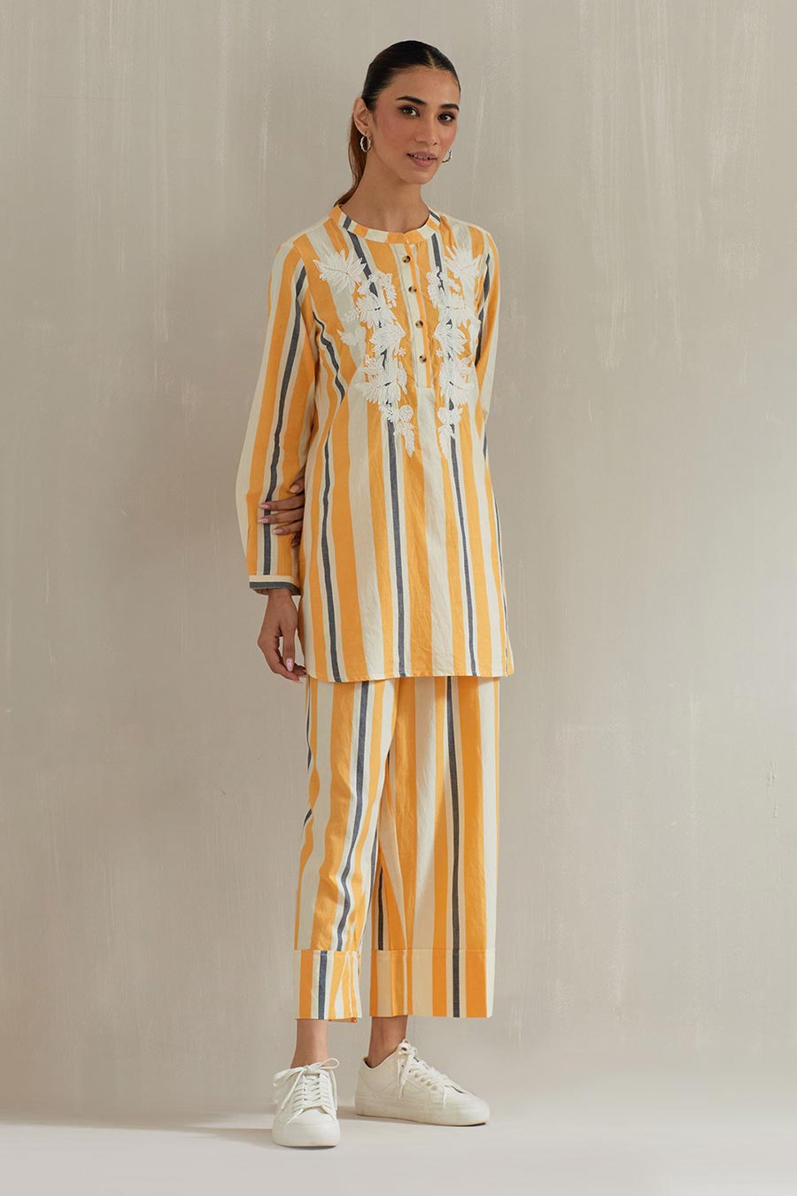 Yellow Striped Cotton Embroidered Co-Ord Set