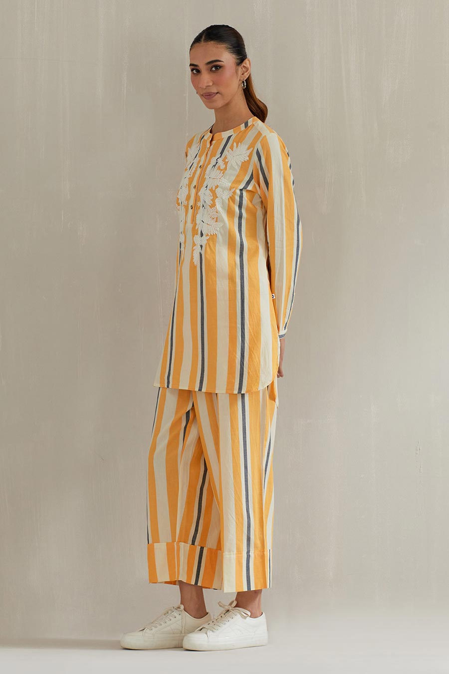 Yellow Striped Cotton Embroidered Co-Ord Set