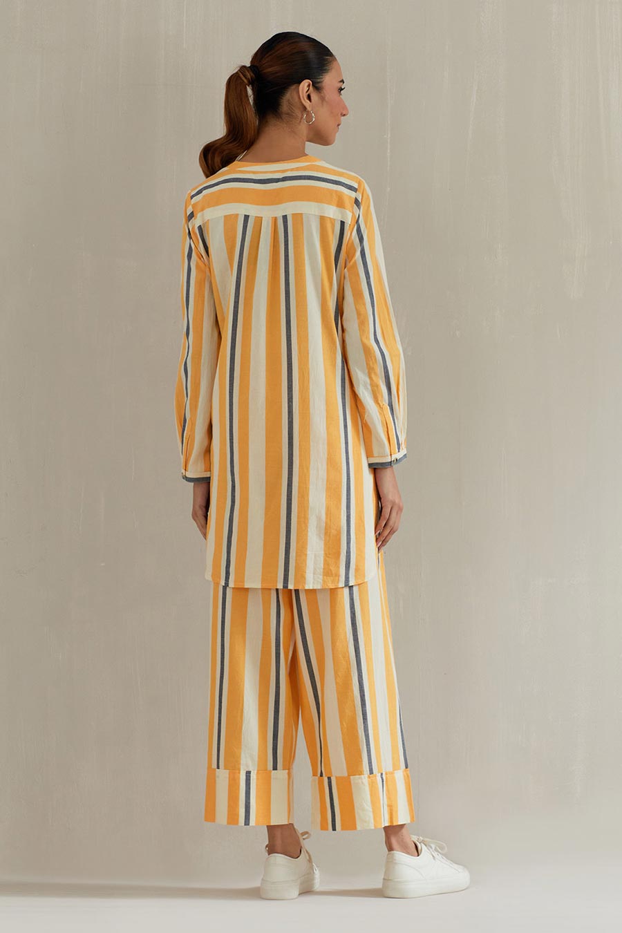 Yellow Striped Cotton Embroidered Co-Ord Set