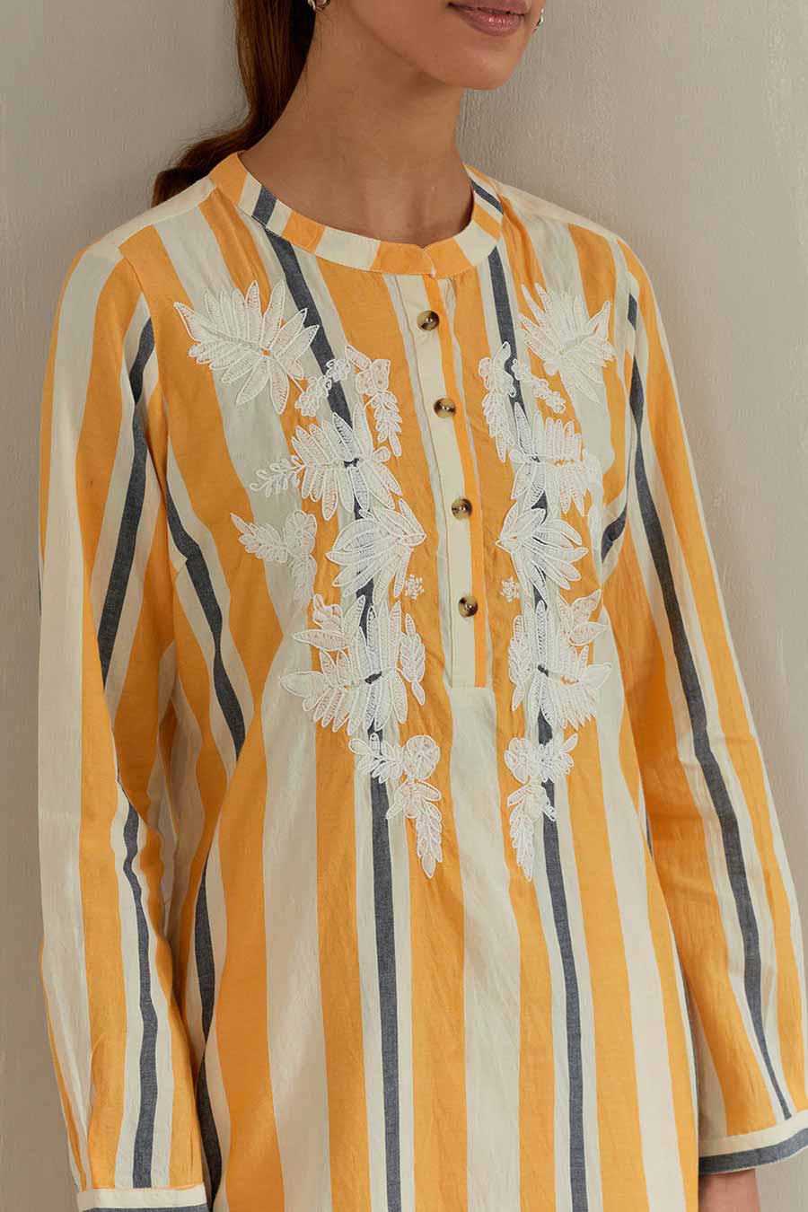 Yellow Striped Cotton Embroidered Co-Ord Set