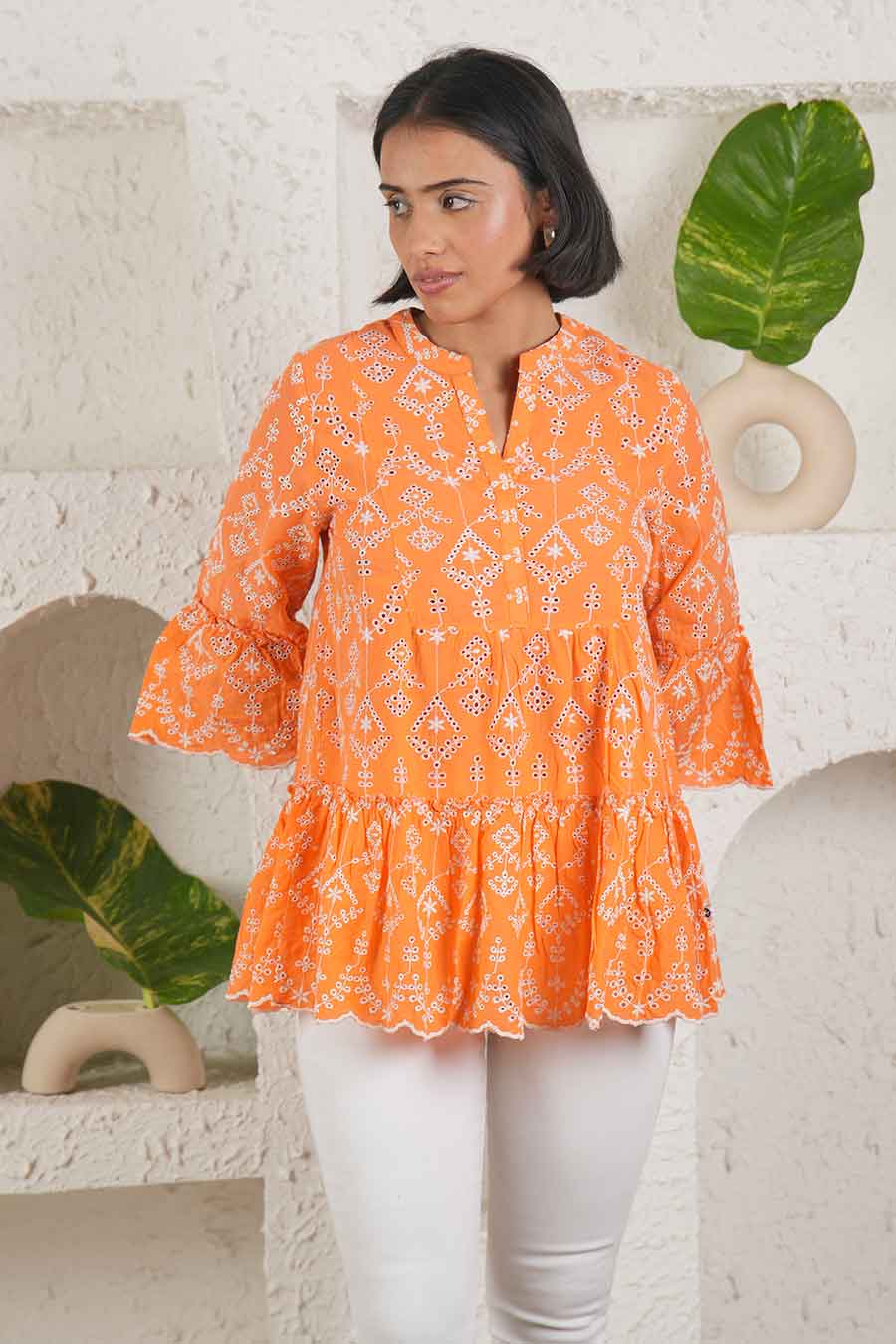 Orange Cotton Embroidered Top