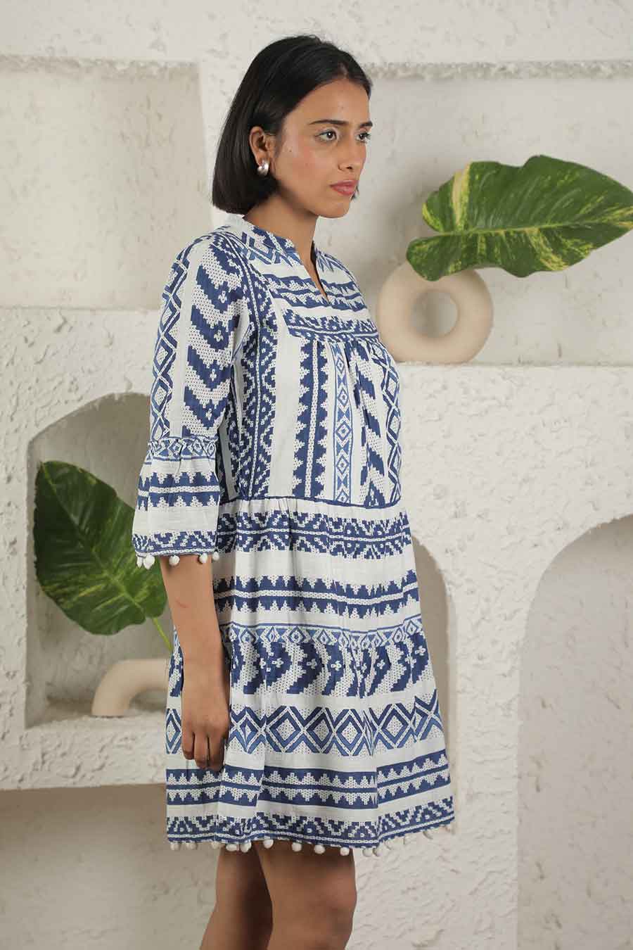 Blue Ikat Printed Short Dress