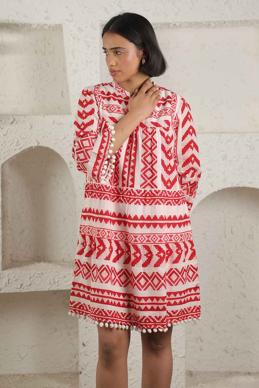 Red Ikat Printed Short Dress