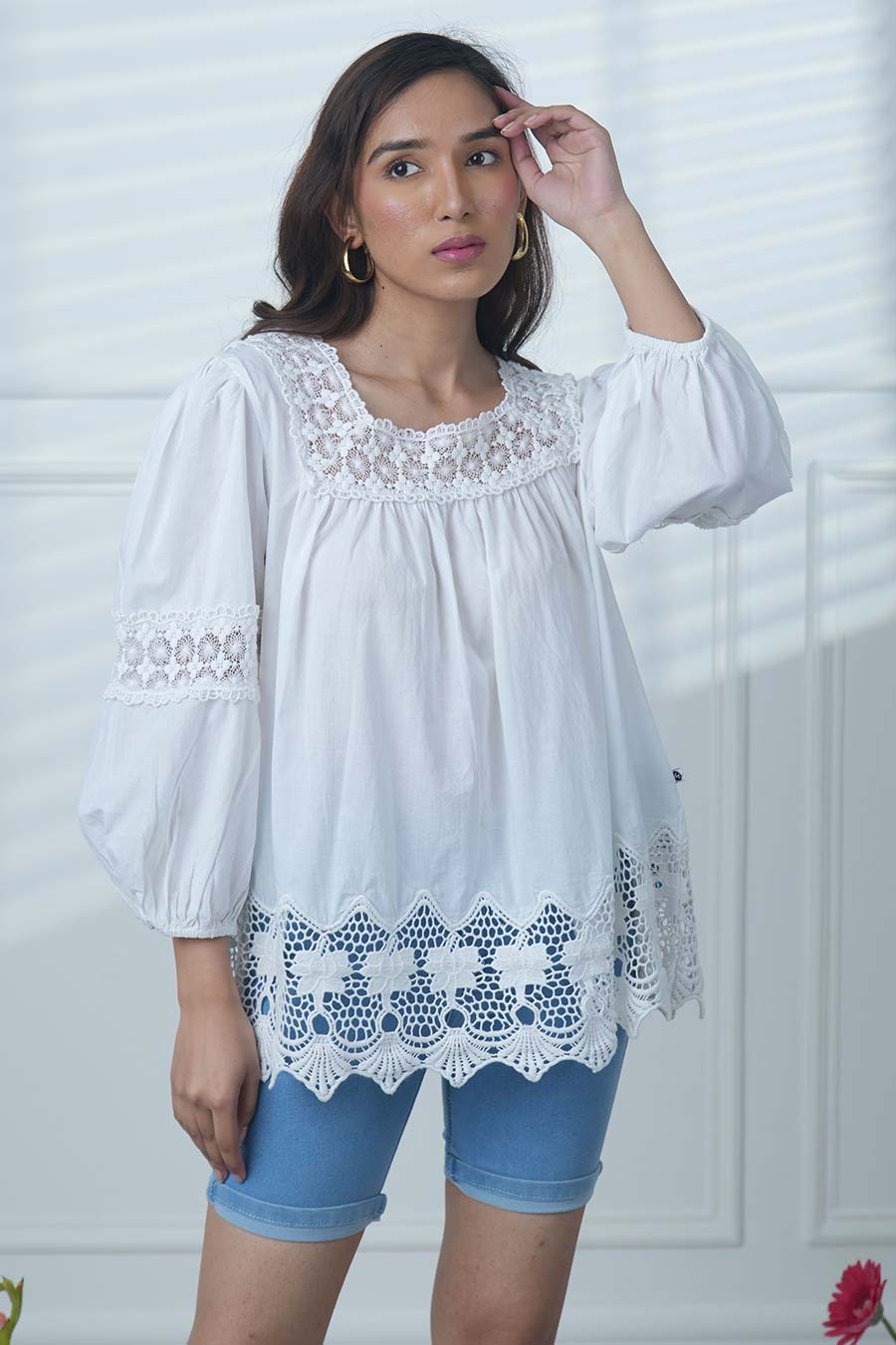 White Cotton Embroidered Top