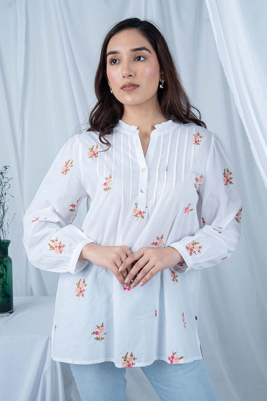White Floral Motif Embroidered Pintuck Top