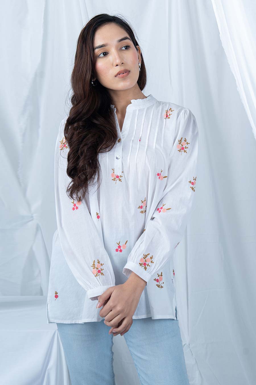White Floral Motif Embroidered Pintuck Top