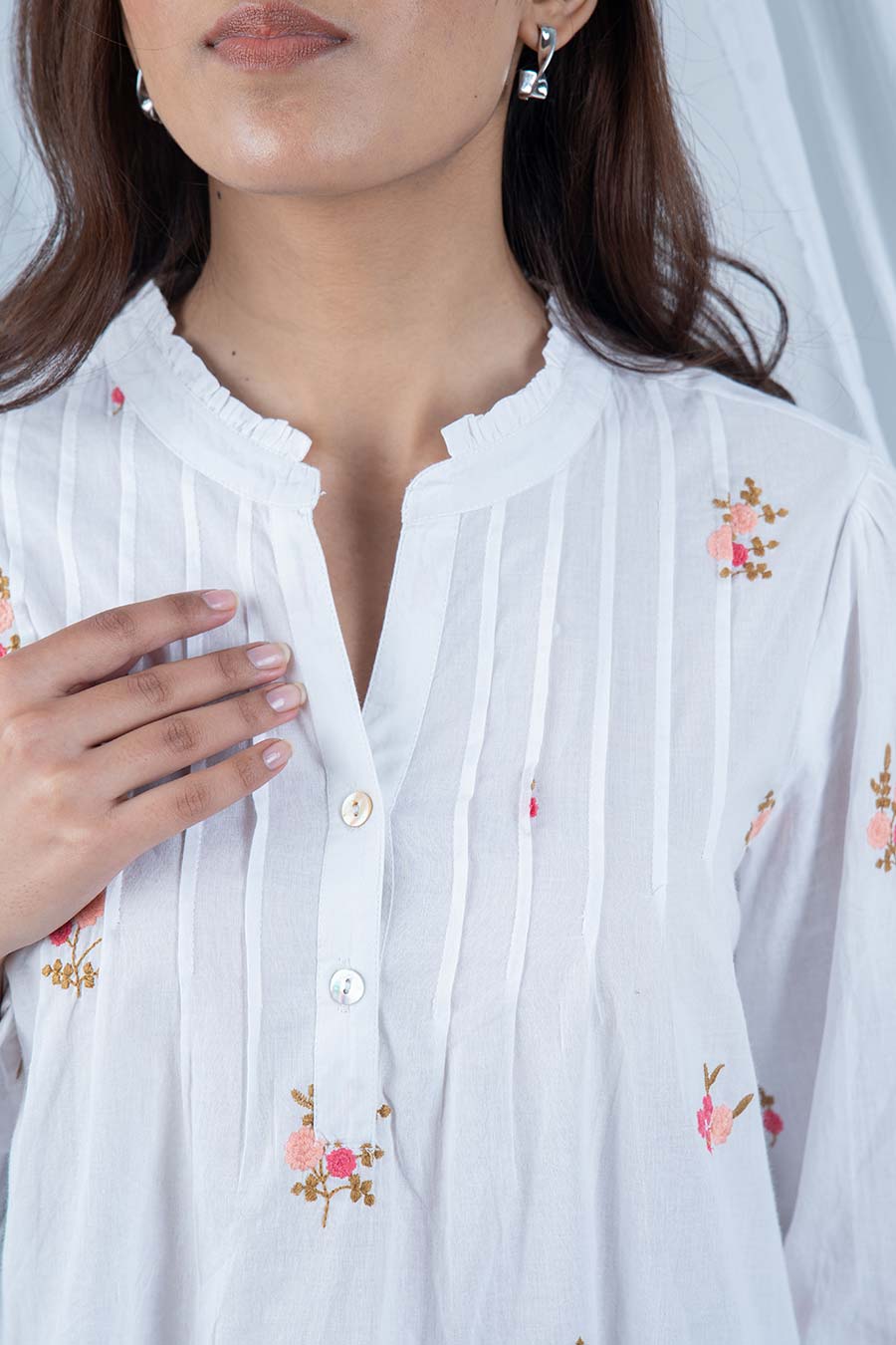 White Floral Motif Embroidered Pintuck Top