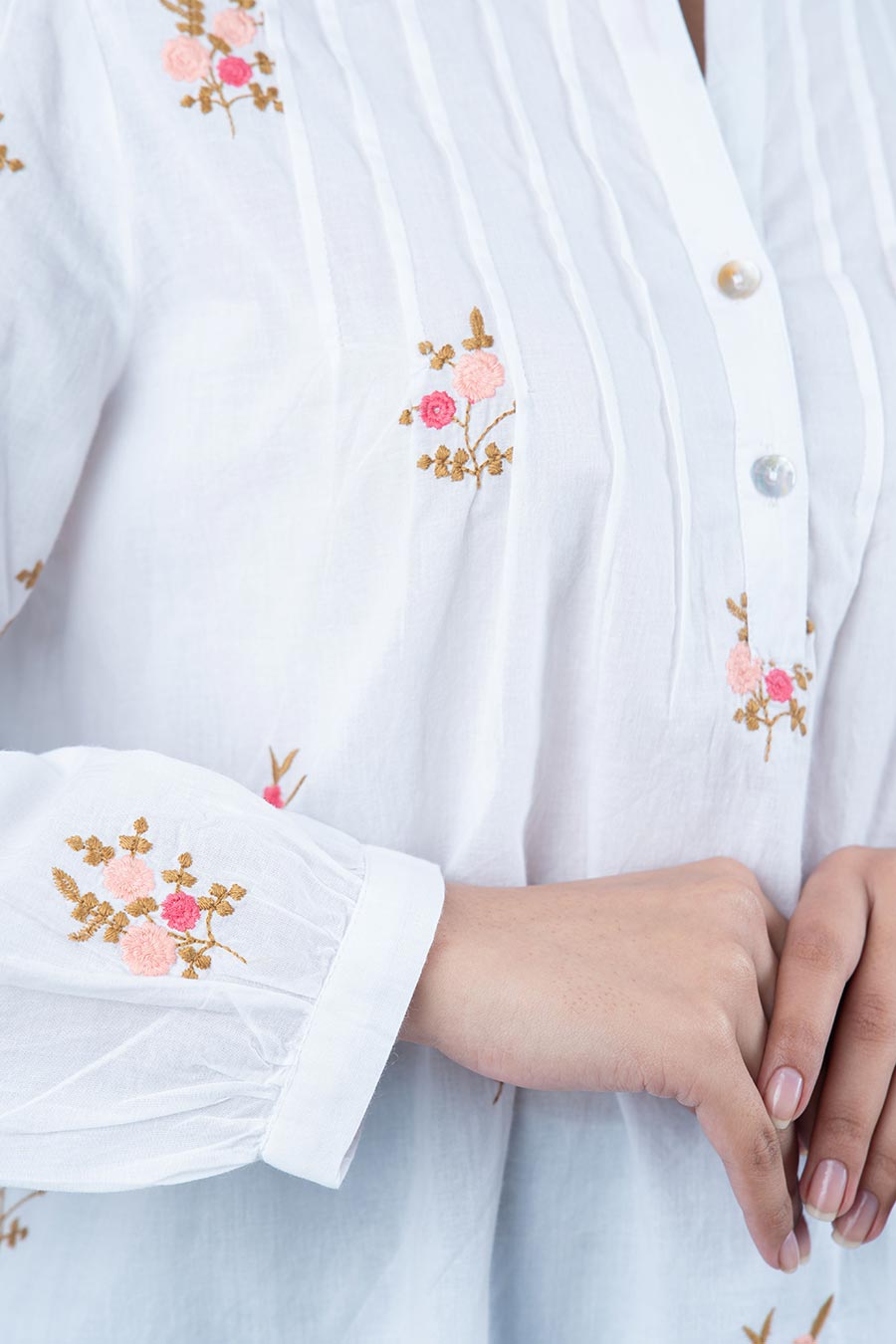White Floral Motif Embroidered Pintuck Top