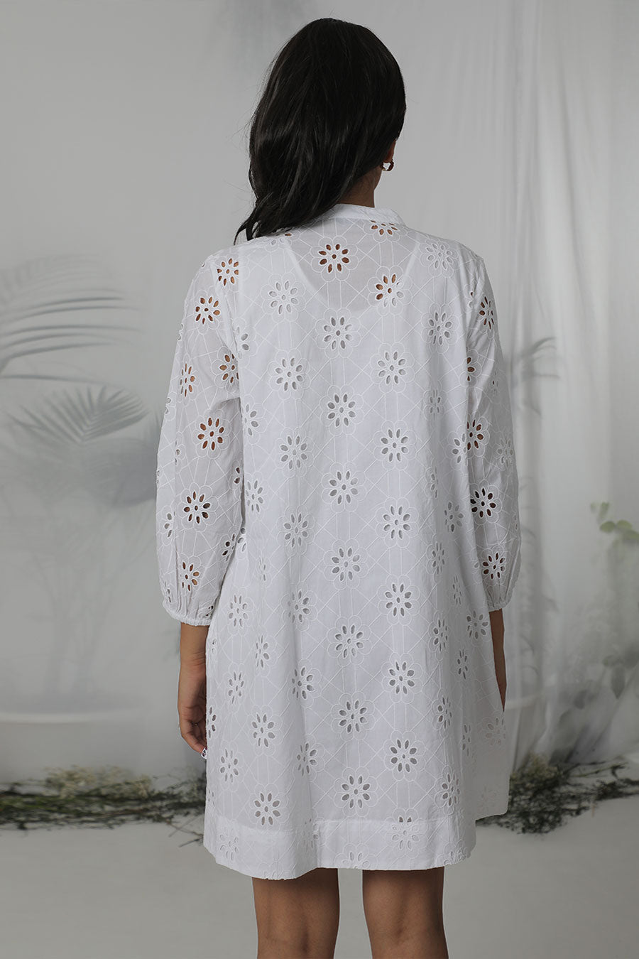 White Embroidered Pleated Dress