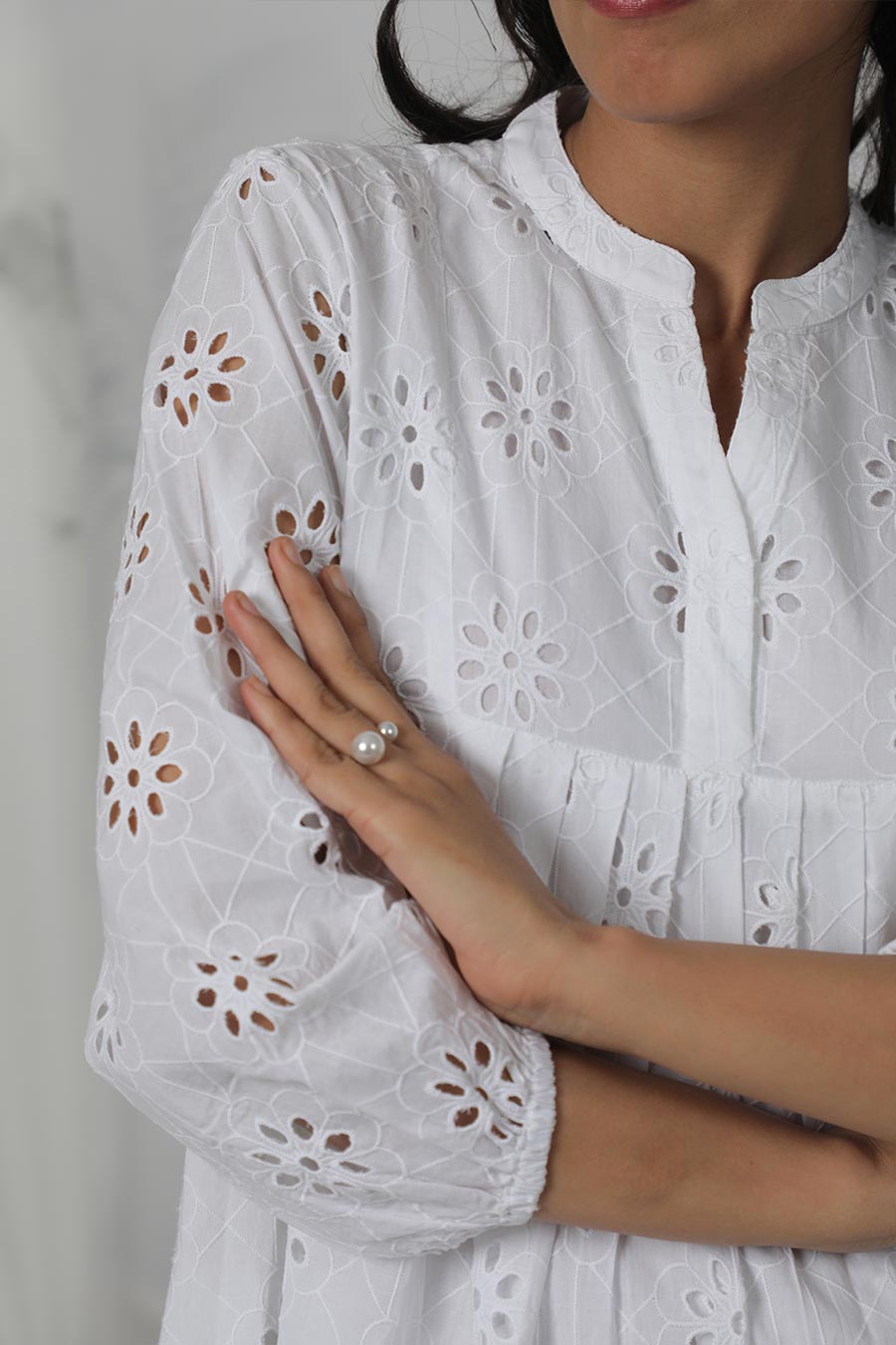 White Embroidered Pleated Dress