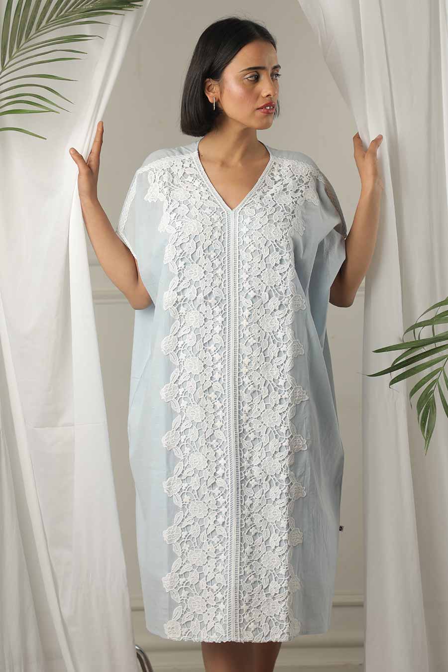 Blue Lace Embellished Kaftan Dress