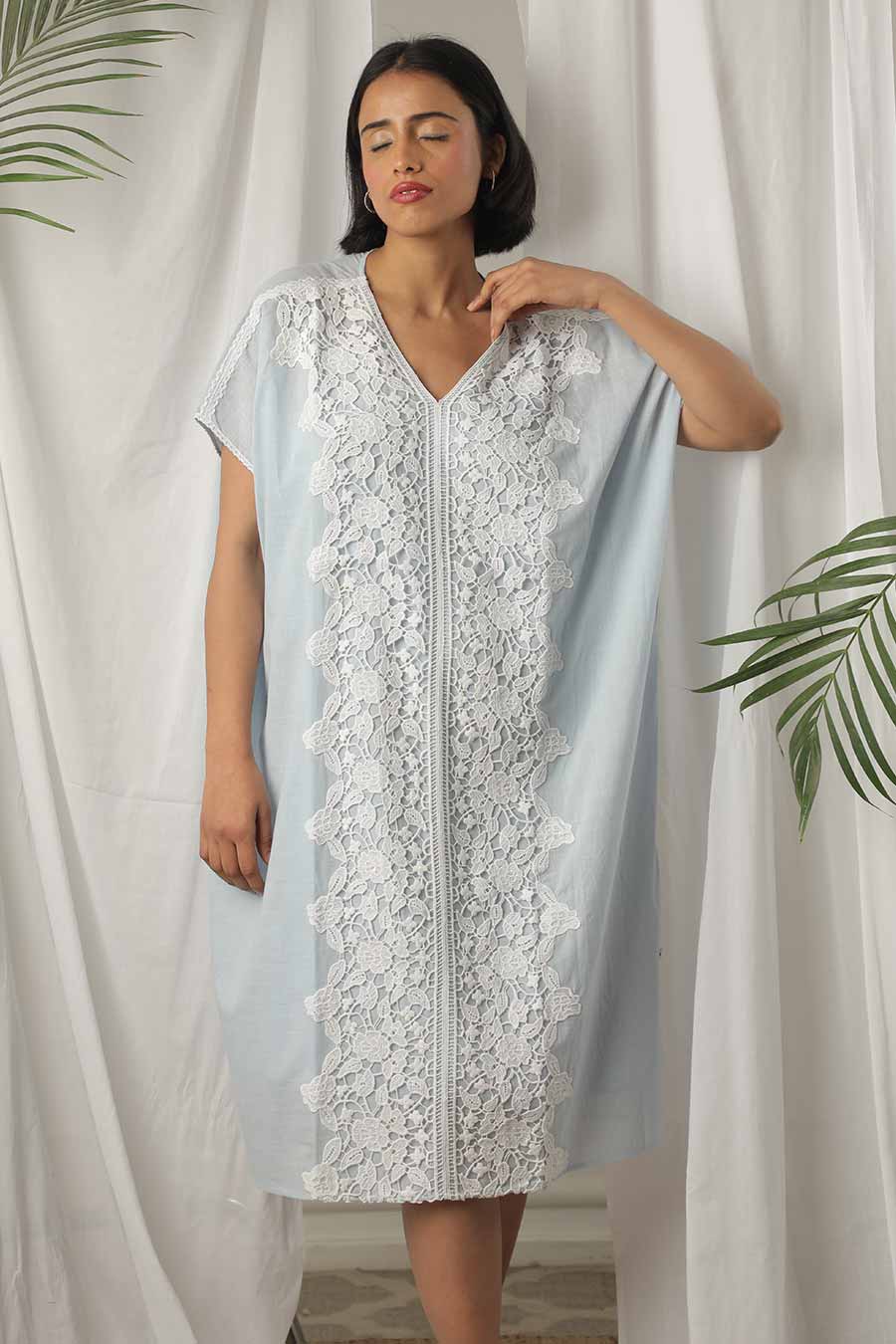 Blue Lace Embellished Kaftan Dress