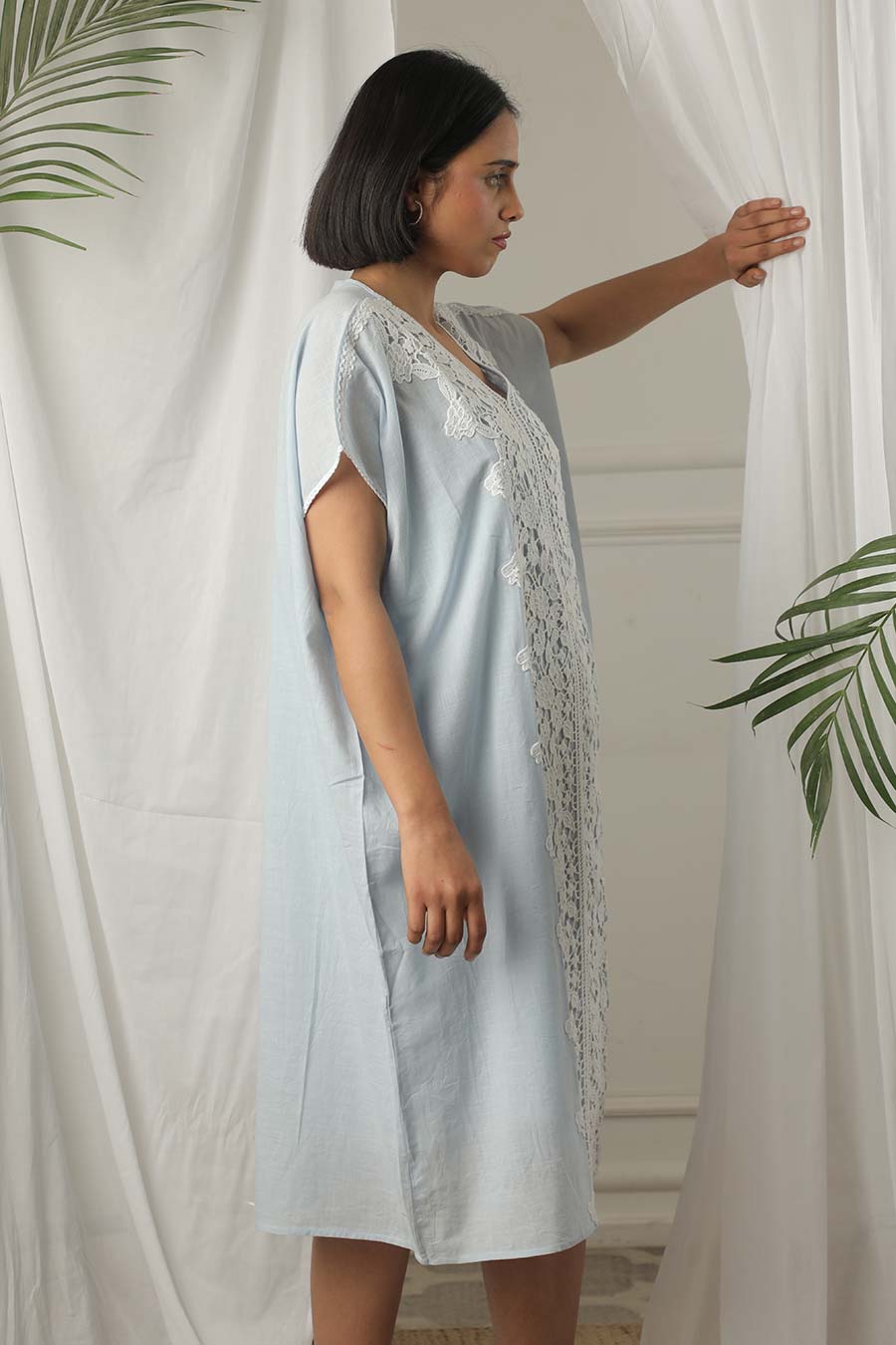 Blue Lace Embellished Kaftan Dress
