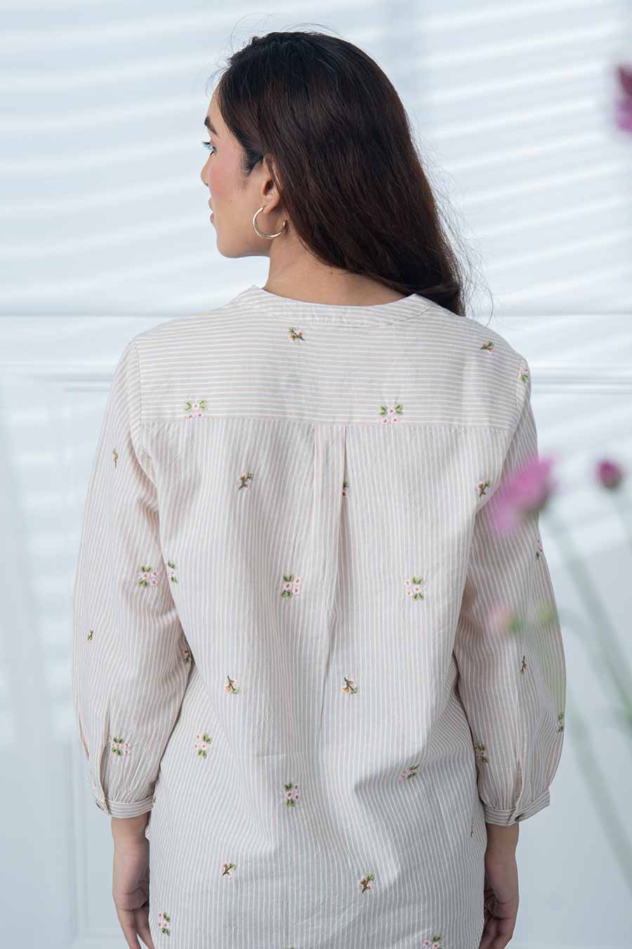 Beige Floral Motif Embroidered Striped Top