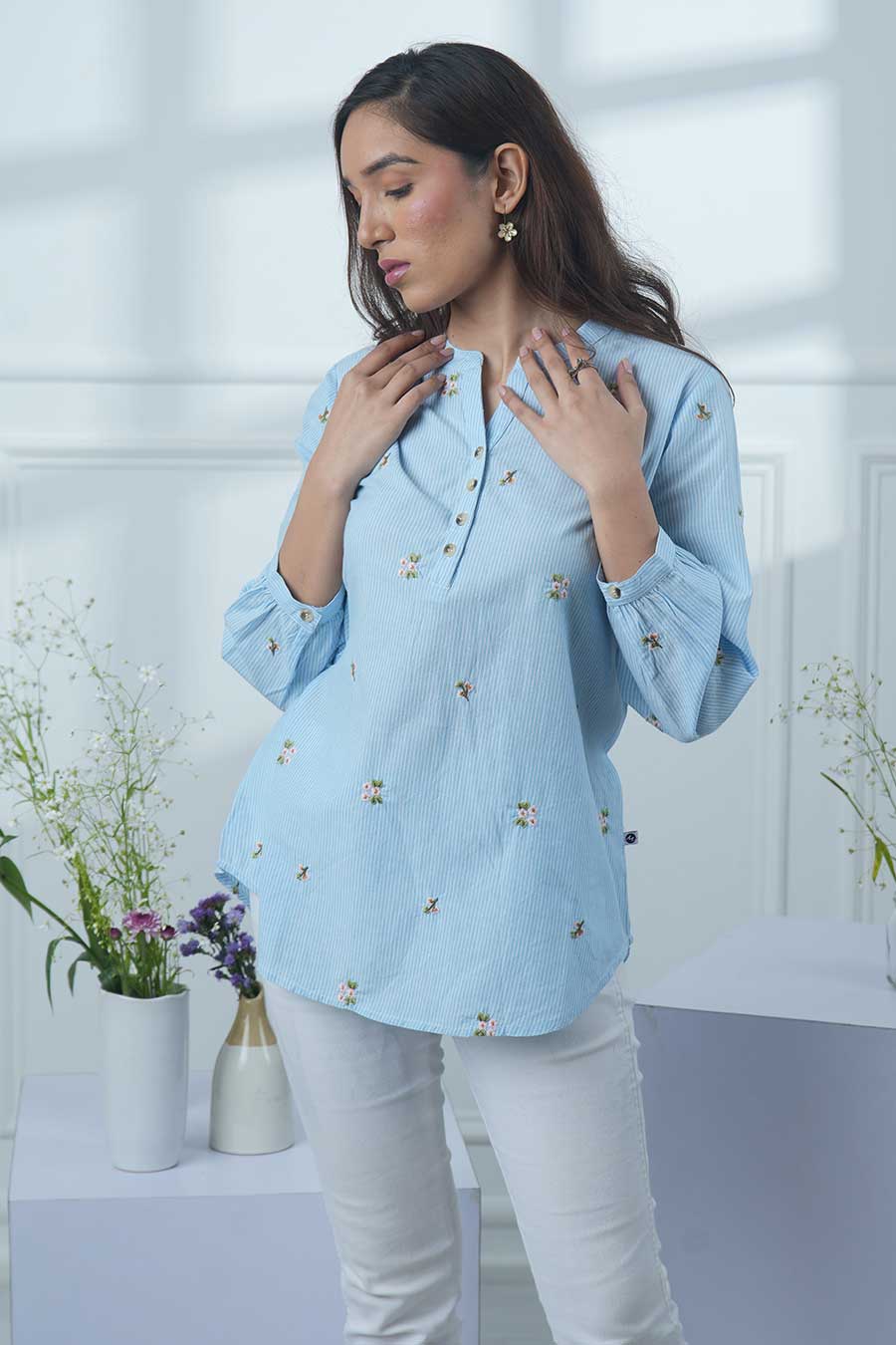 Blue Floral Motif Embroidered Striped Top