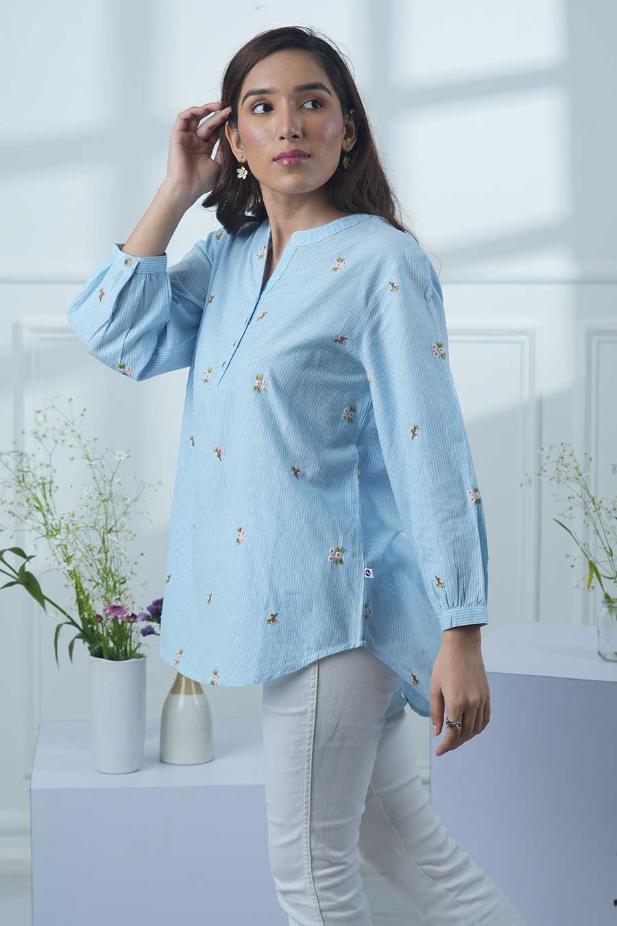 Blue Floral Motif Embroidered Striped Top
