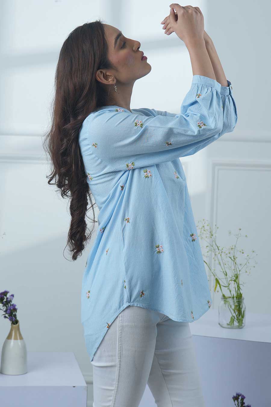 Blue Floral Motif Embroidered Striped Top