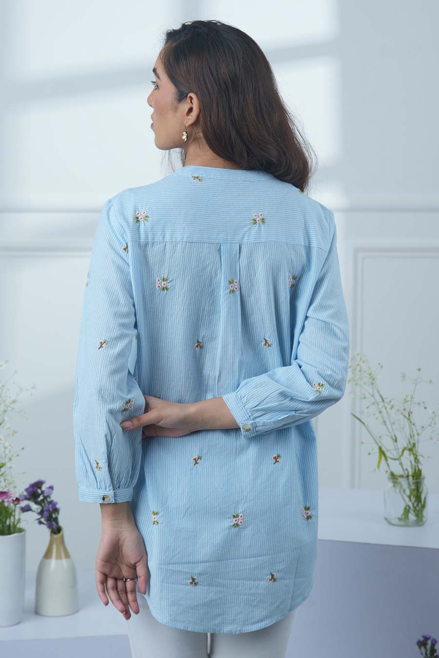 Blue Floral Motif Embroidered Striped Top