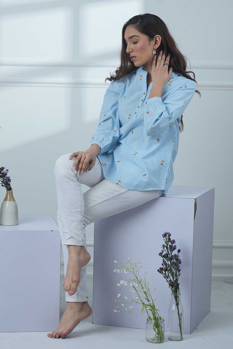 Blue Floral Motif Embroidered Striped Top