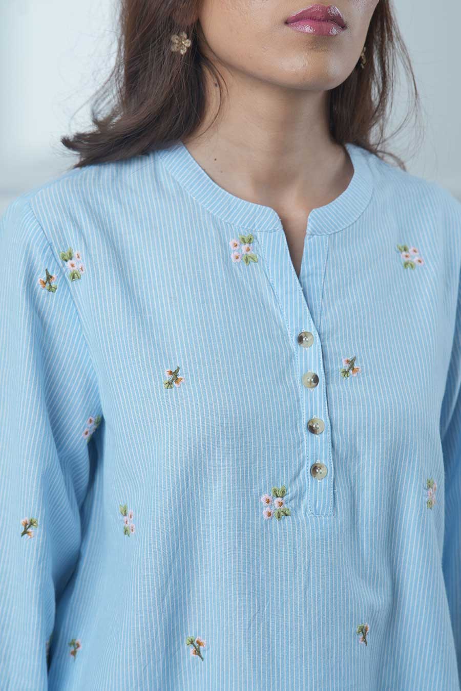 Blue Floral Motif Embroidered Striped Top