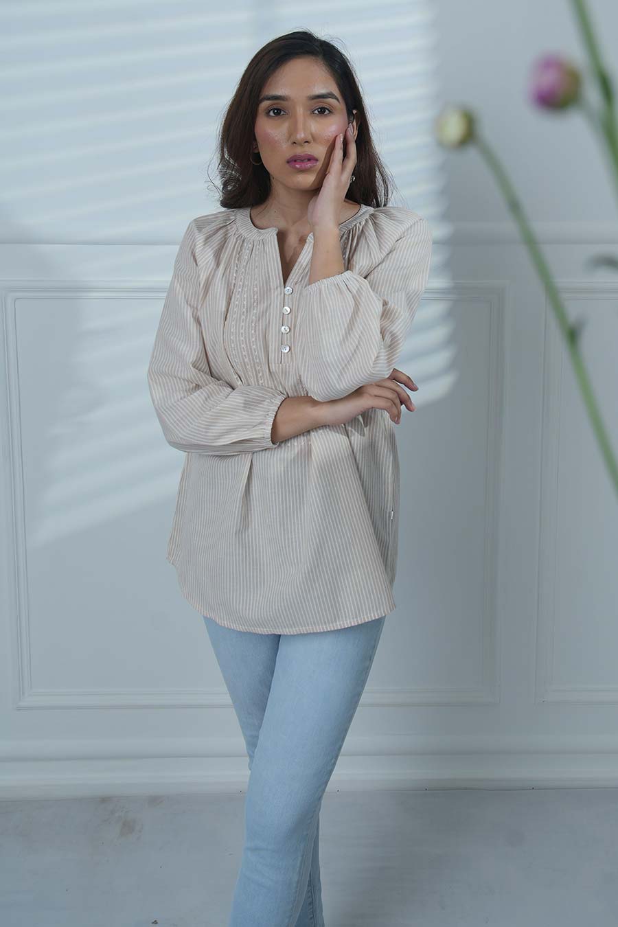 Beige Gathered Neck Striped Top