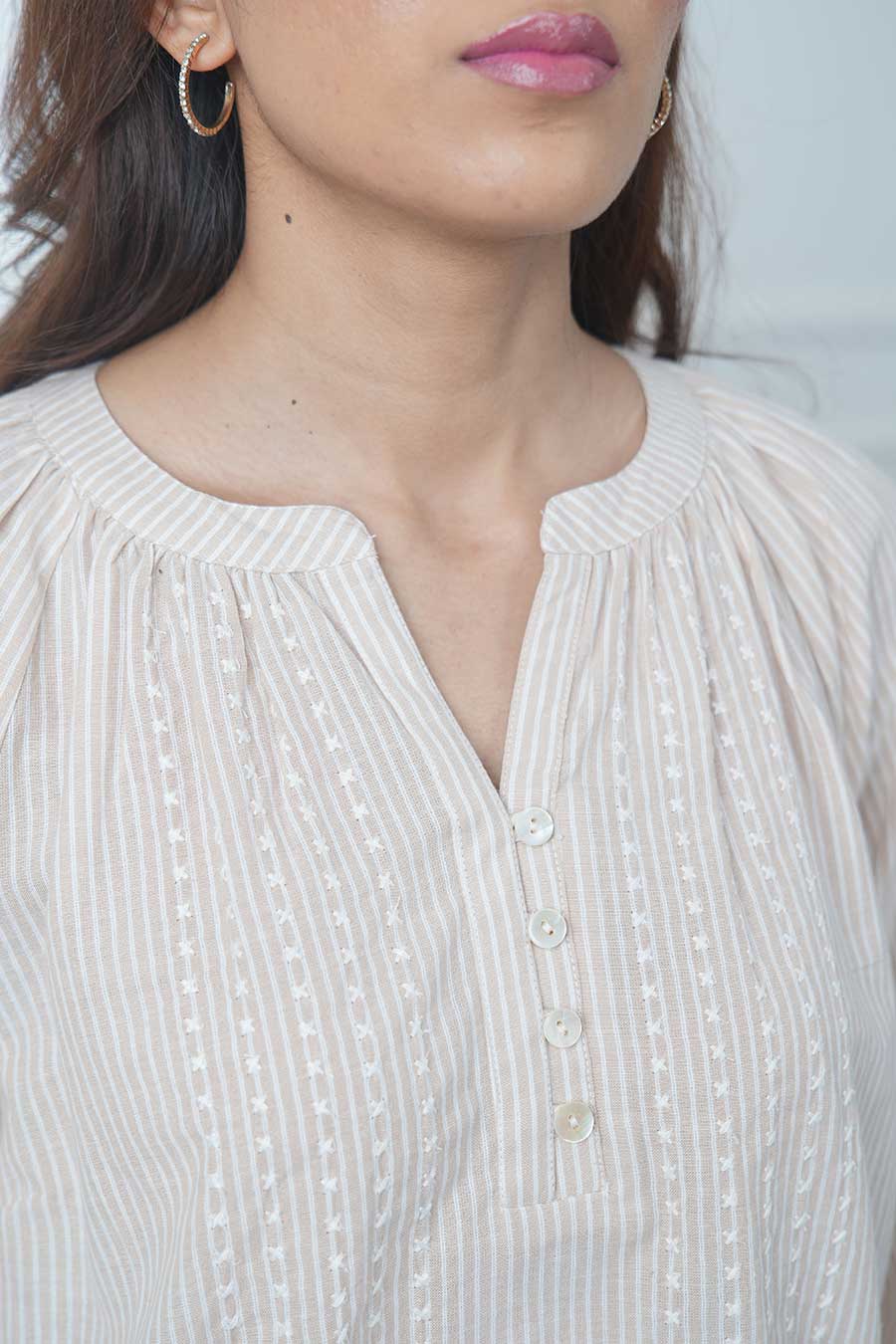 Beige Gathered Neck Striped Top