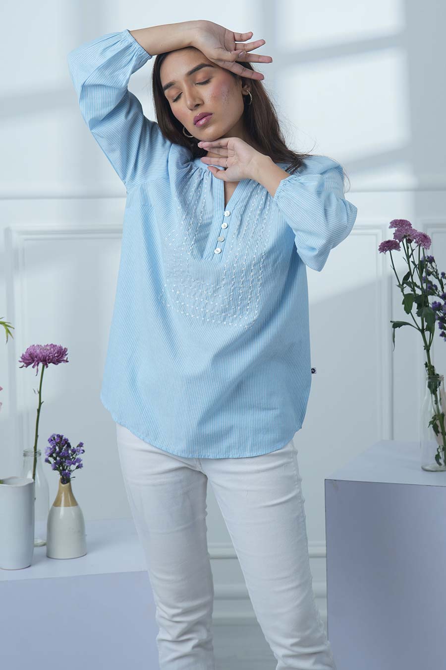 Blue Gathered Neck Striped Top