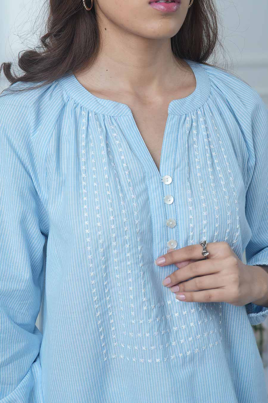 Blue Gathered Neck Striped Top