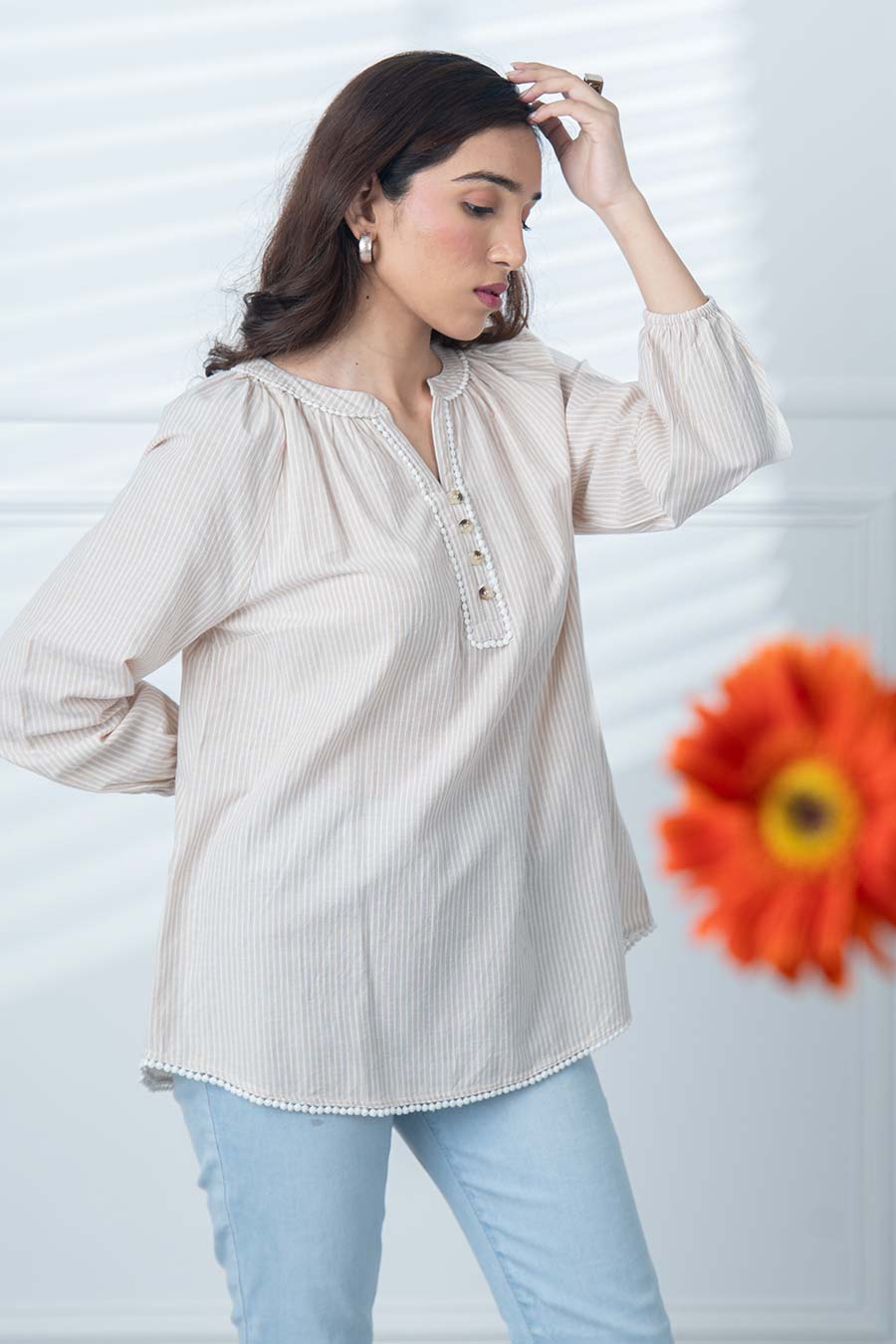 Beige Gathered Neck Top