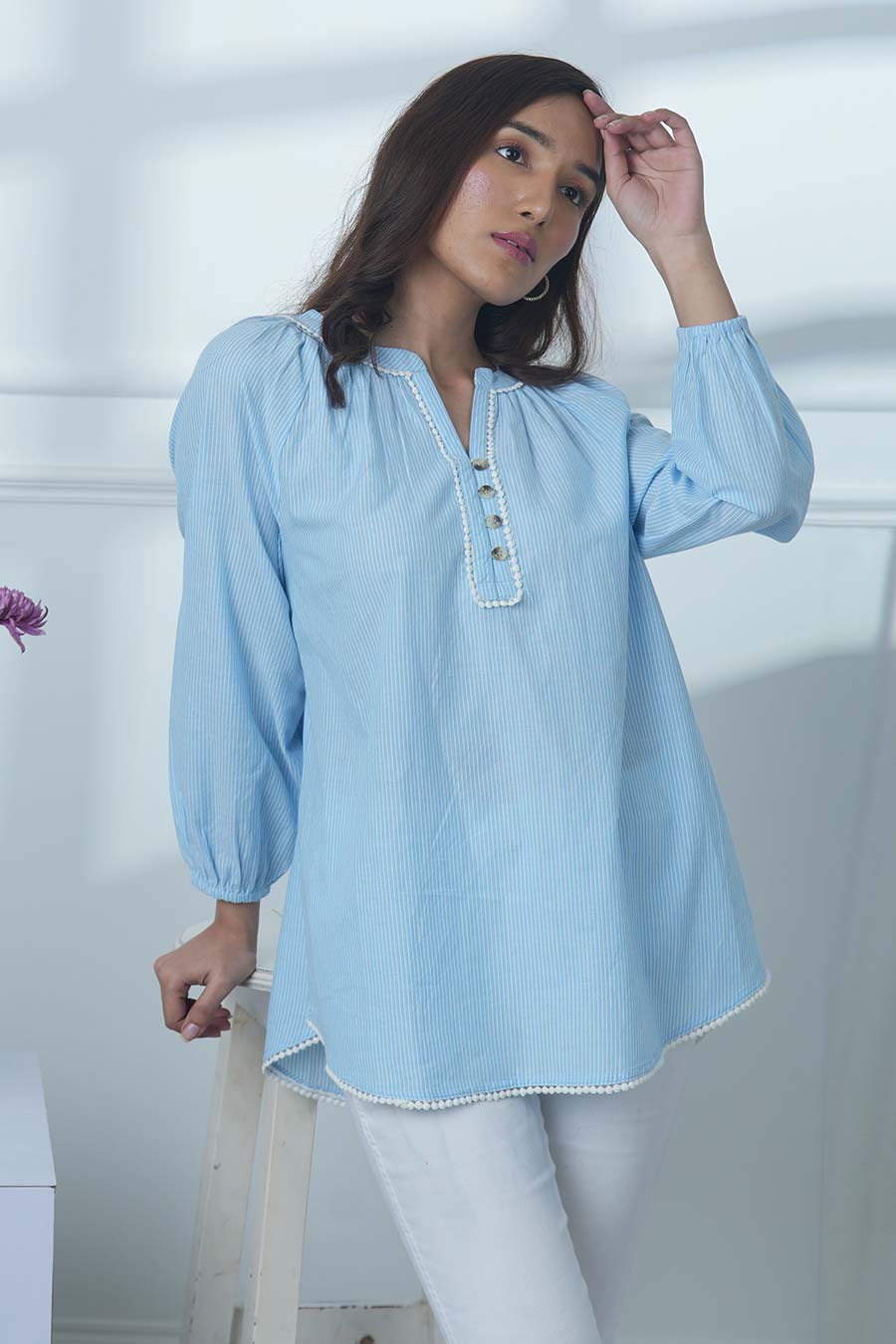Blue Gathered Neck Top