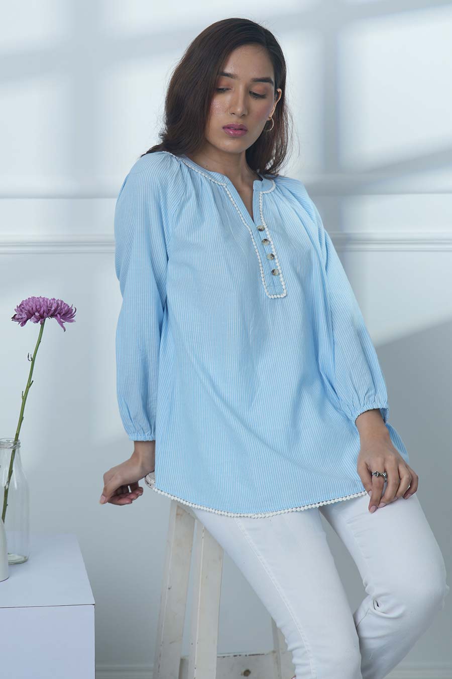 Blue Gathered Neck Top